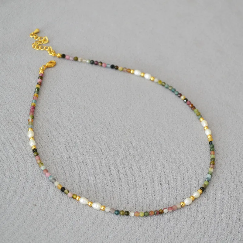 4mm retro color tourmaline white freshwater rice pearl beads simple versatile necklace clavicle chain female 40cm