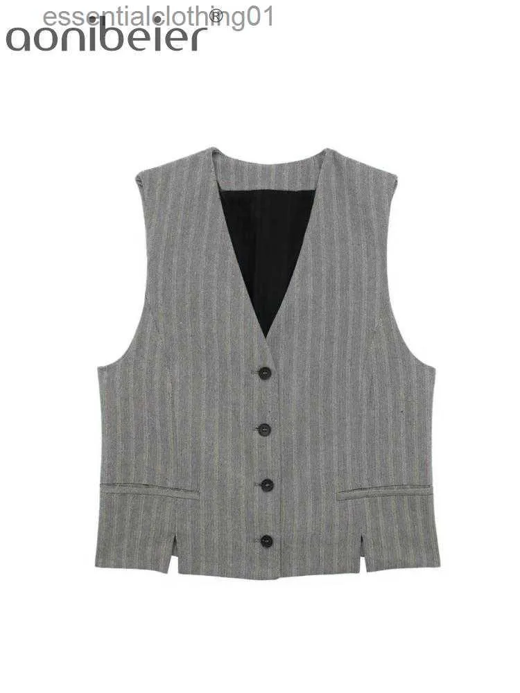 Women's Vests Aonibeier Y2K Grey Women Waistcoat Traf 2023 Autumn Elegant V Neck Slim Sleeveless Blazer Vest Split Hem Female Crop Top Tanks L230922