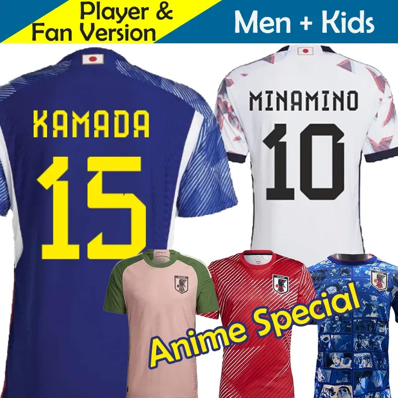 Maglie da calcio giapponesi Kit per bambini Squadra nazionale 2022 2023 Maglia da calcio Coppa del mondo Versione per giocatore Set Anime Rosa Speciale Abbigliamento da allenamento pre-partita KUBO MINAMINO ITO