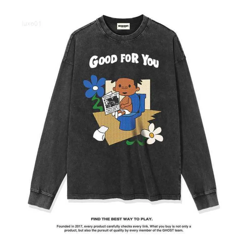 New Design American Street Fun Cartoon Illustration Dirty Braided Children's Printed Long Sleeve T-shirt Men's and Women's Fashion Signxzxx