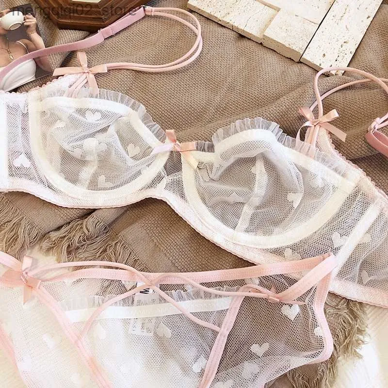 Bras Sets Sexy Ultra Thin Transparent Mesh Lingerie Women Lace Heart Shape  Bra Set French Pink Charming Bra Panties Girl Playful Underwear Q230922