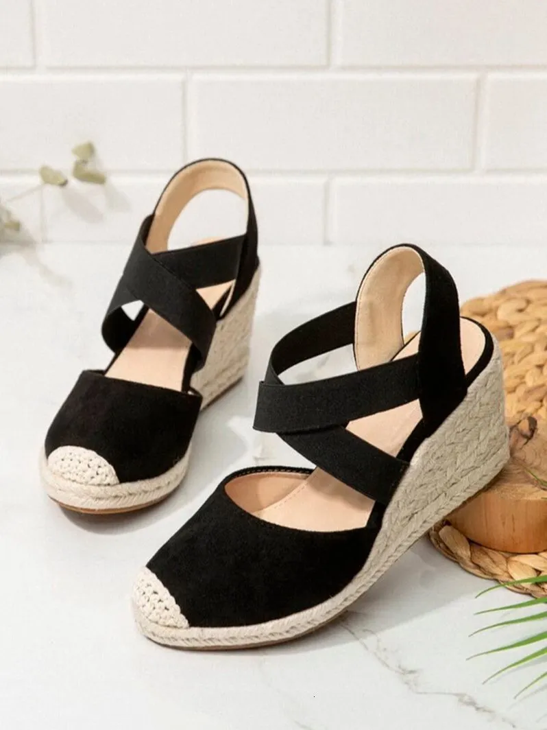 Hausschuhe Damen Closed Toe Espadrilles Wedge Sandalen Bequeme Cross Strap Slip On Heels Casual Outdoor Stoffschuhe 230922