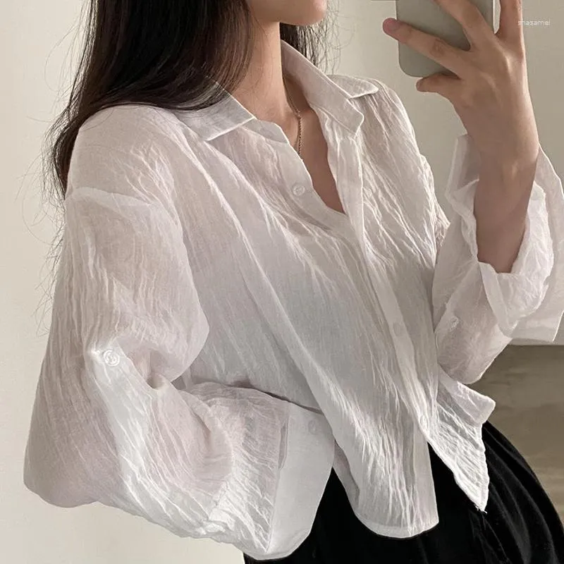Women's Blouses Gidyq Korean Sexy Translucent Shirt Women Fashion Folds Loose Long Sleeve Sun Proof Clothes Summer All Match Cropped Tops