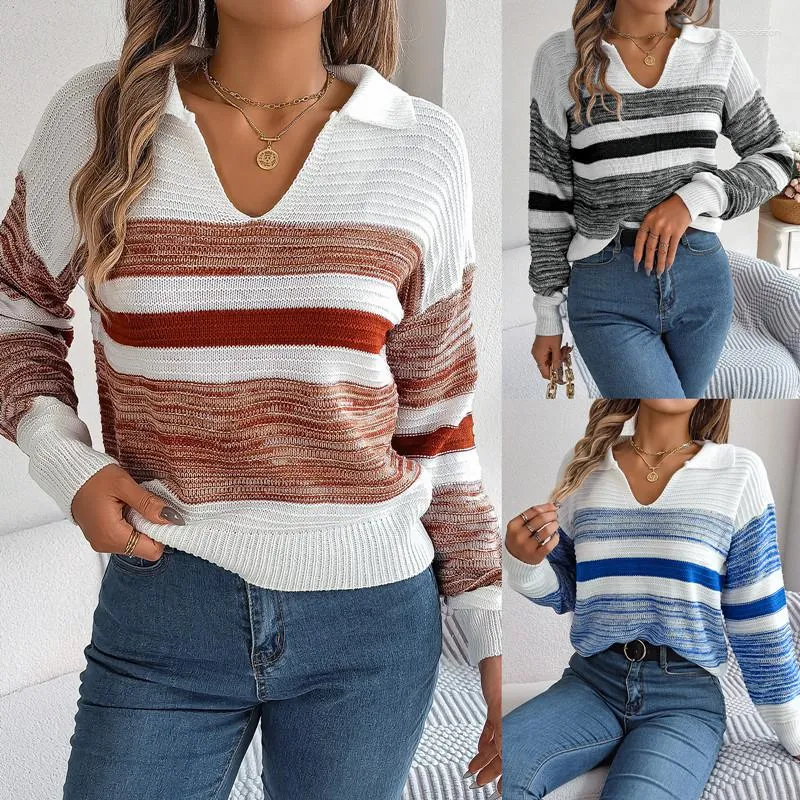 Women's Sweaters Multi-Color And Multi-Size Autumn Winter Leisure Lapel Contrast Striped Long-Sleeved Knitted Pullover Sweater