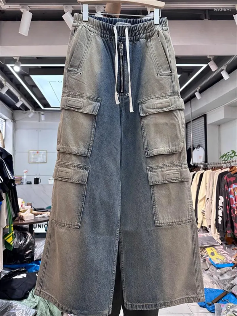 Men's Jeans 2023 Autumn Winter High Street Vintage Washed Old Men Women Multi Pocket Open Zipper Loose Pants