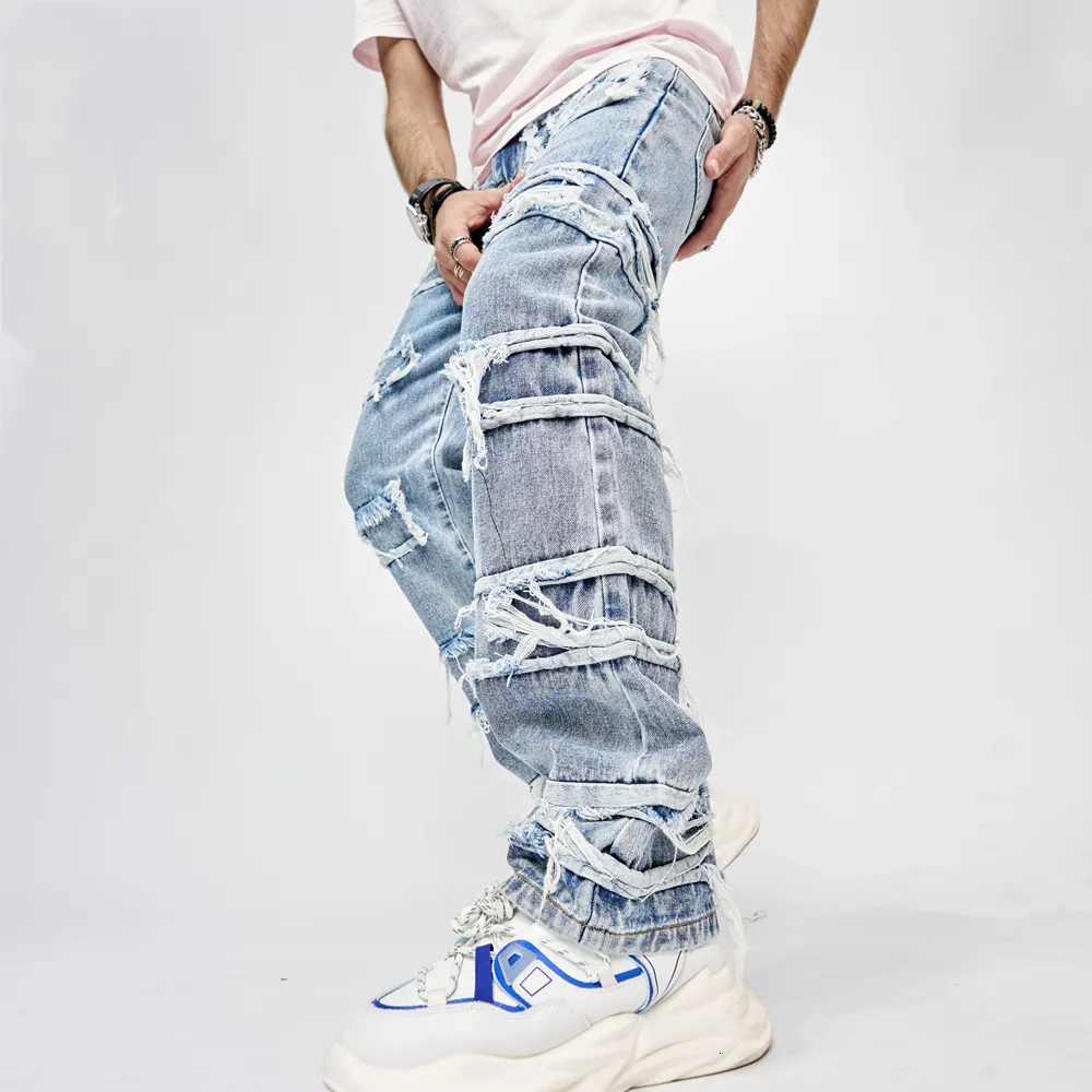 Jeans pour hommes élégant hommes Streetwear lâche déchiré droit coupe ajustée pantalon Hip hop mâle trous solide pantalon Denim décontracté 230922