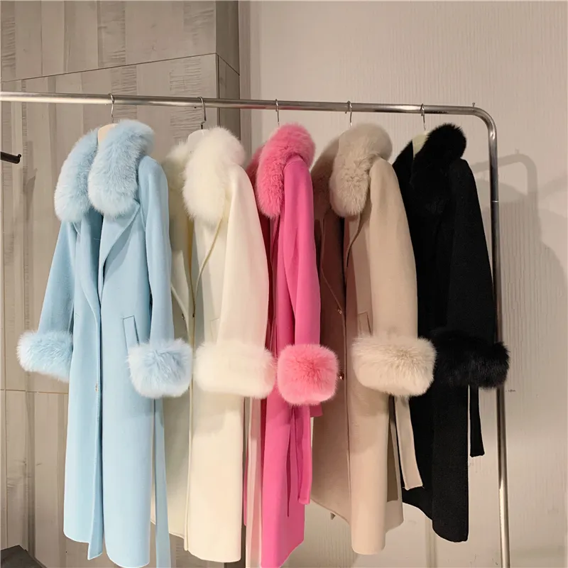 Womens Fur Faux panjang wanita wol kasmir dicampur mantel besar bulu rubah asli jaket mode musim dingin sabuk berkancing dua baris manset pakaian luar 230922