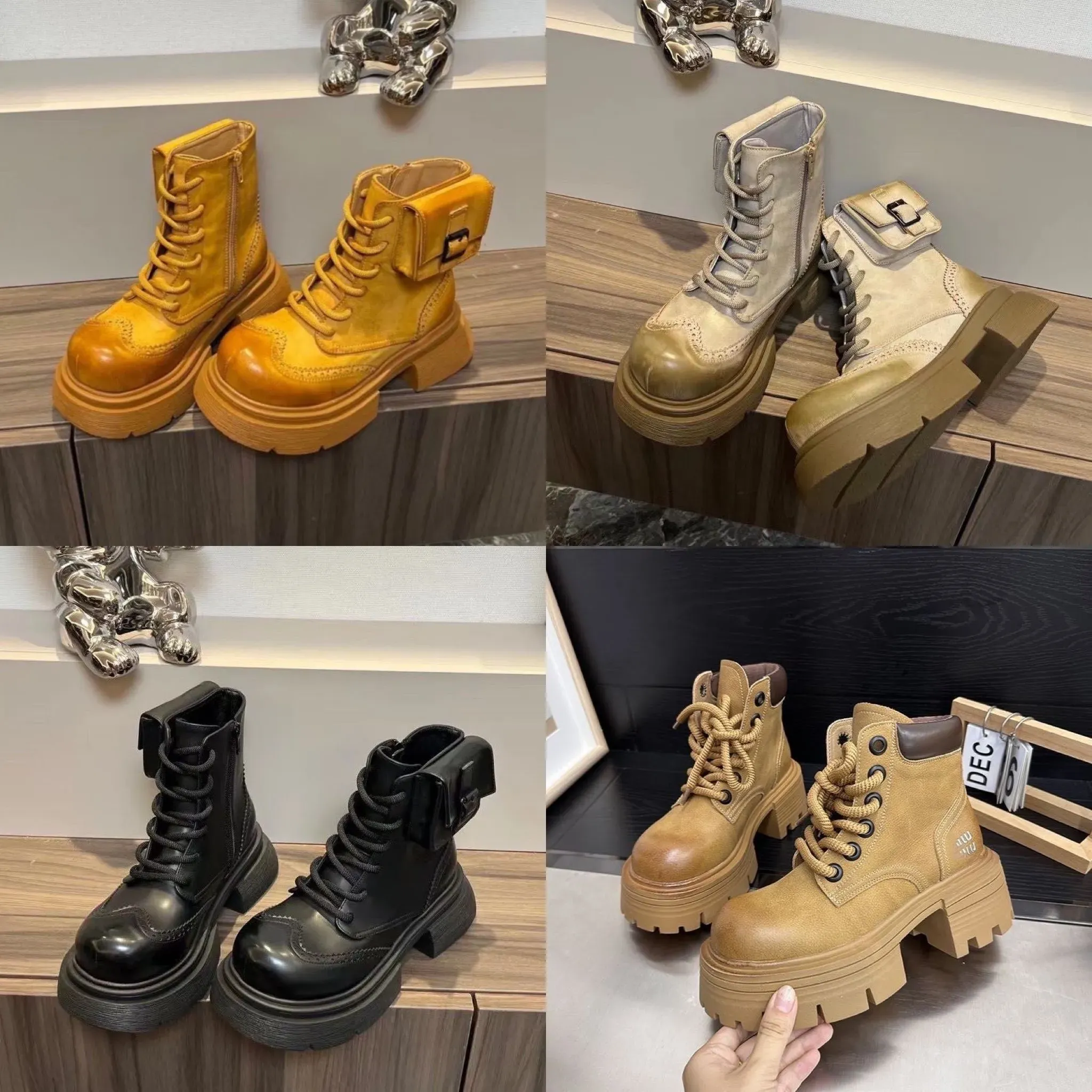 designer Vintage wash color to make old ankle boots Girl cowboy boots New leather lace-up round toe Doc Martens patchwork outdoor