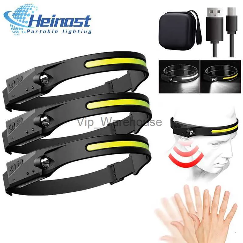 Head lamps COB Sensor Headlamp LED Headlight with Built-in Battery Flashlight USB Rechargeable Head Lamp Torch 5 Lighting Modes Work Light HKD230922