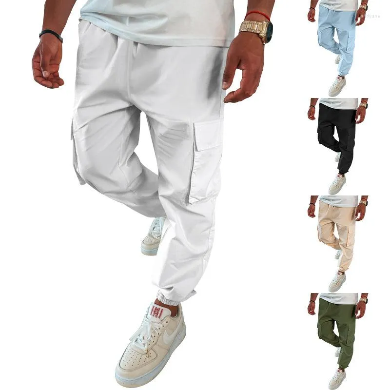 Men's Polos 2023summer Cotton And Linen Overalls European American Independent Station Drawstring Multi-pocket Casual Trousers