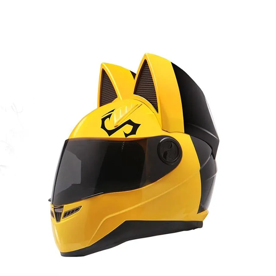 Capacete de motocicleta da marca NITRINOS rosto inteiro com orelhas de gato quatro temporadas cor amarela273j