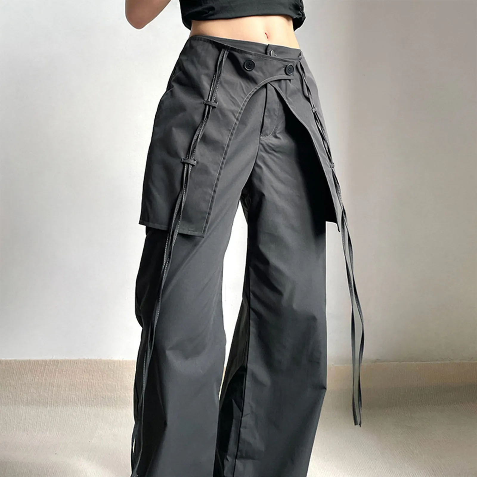 Mężczyźni s dżinsy y2k długie spodnie w połowie talii kobiety luźne spodni ładunkowej wygodne czarny kolor stały kolor vintage relaksowany sznurka z dużymi kieszeniami 230922
