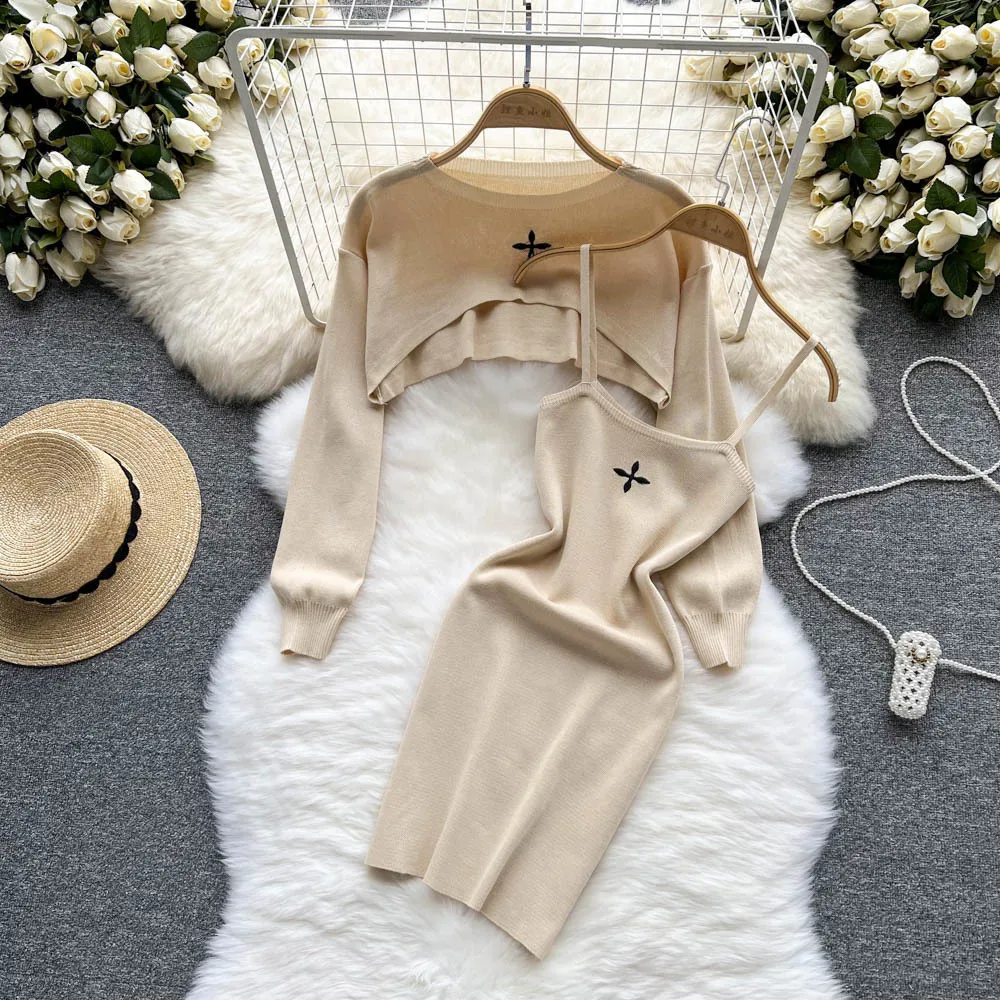 Two Piece Dress YuooMuoo Autumn Women Dress Set Fashion Y2K Knitted Spaghetti Strap Mini Dress Full Sleeve Crop Top Streetwear Two Piece Suits 230922