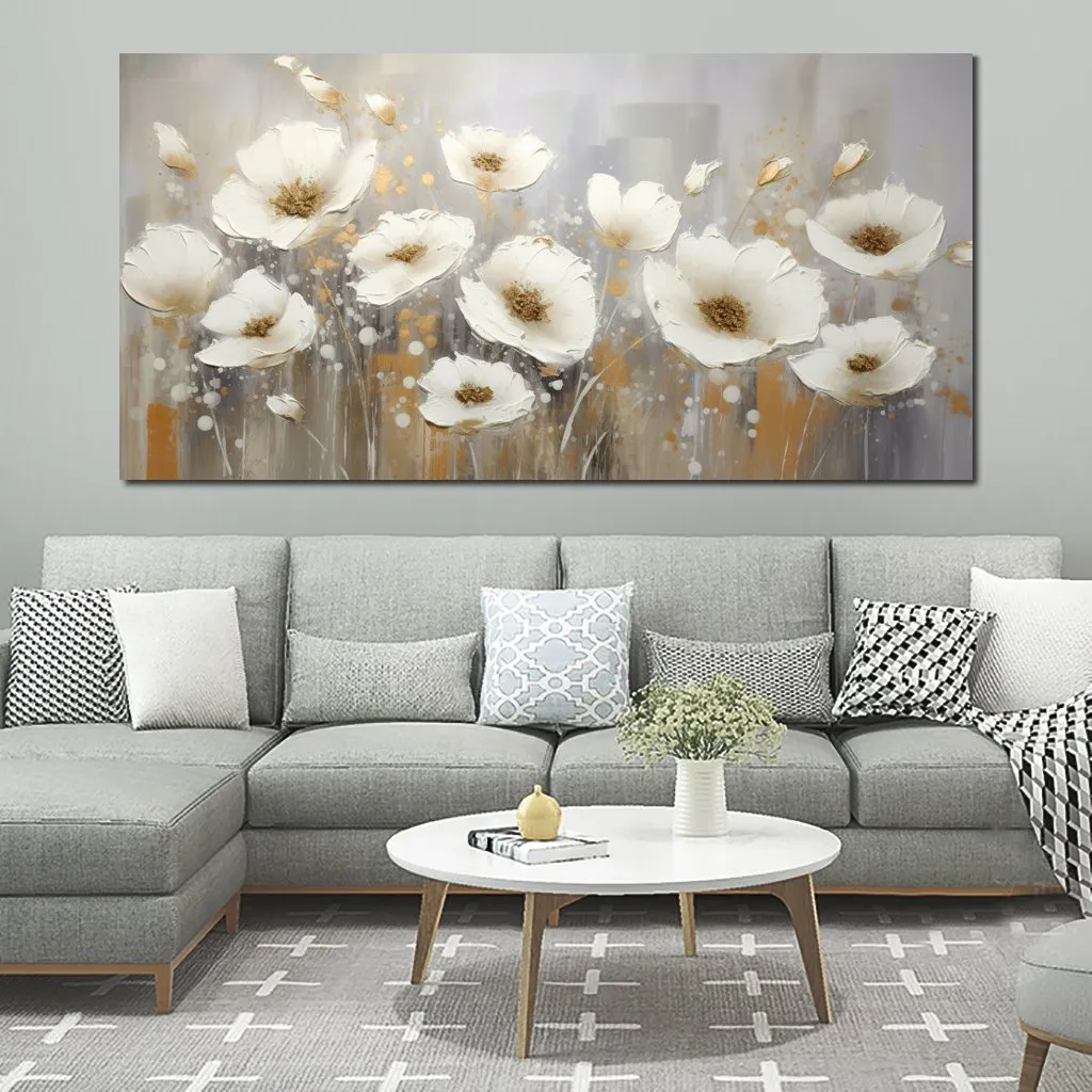 キャンバスの大きな印象派のケシの花はリビングルームの壁の装飾のための印刷ポスター写真を描く白い花