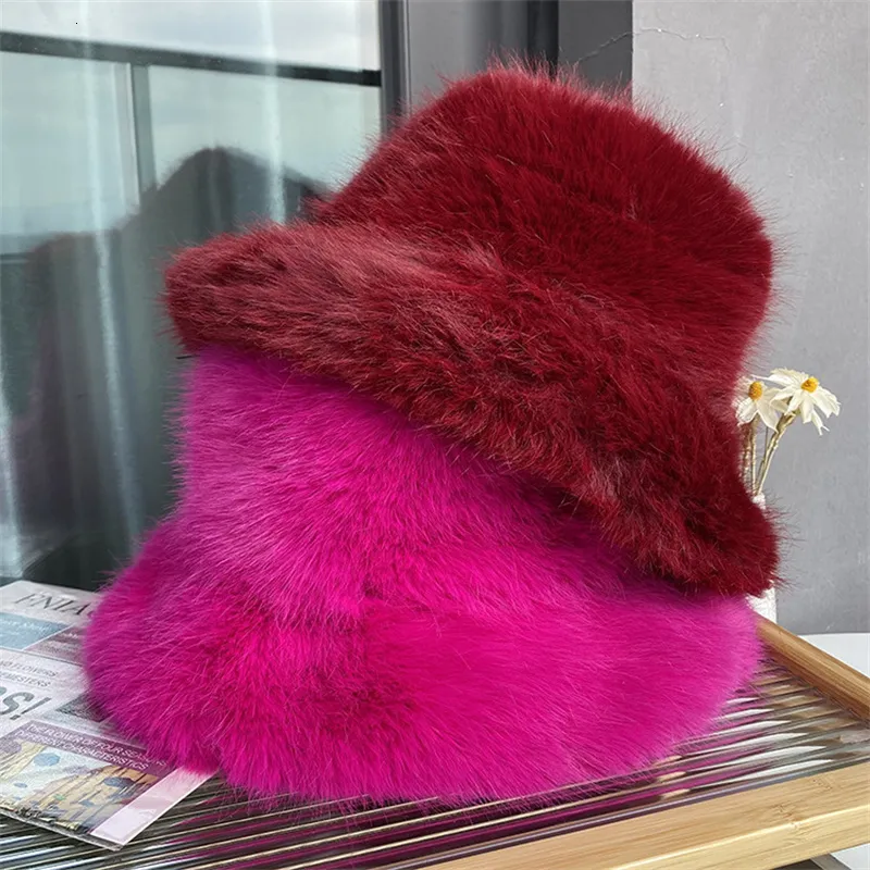 Bola Caps Faux Fur Hat Womens Elegante Outono e Inverno Fur Fisherman Hat Coreano Sênior Quente Bucket Chapéu Cor 230921