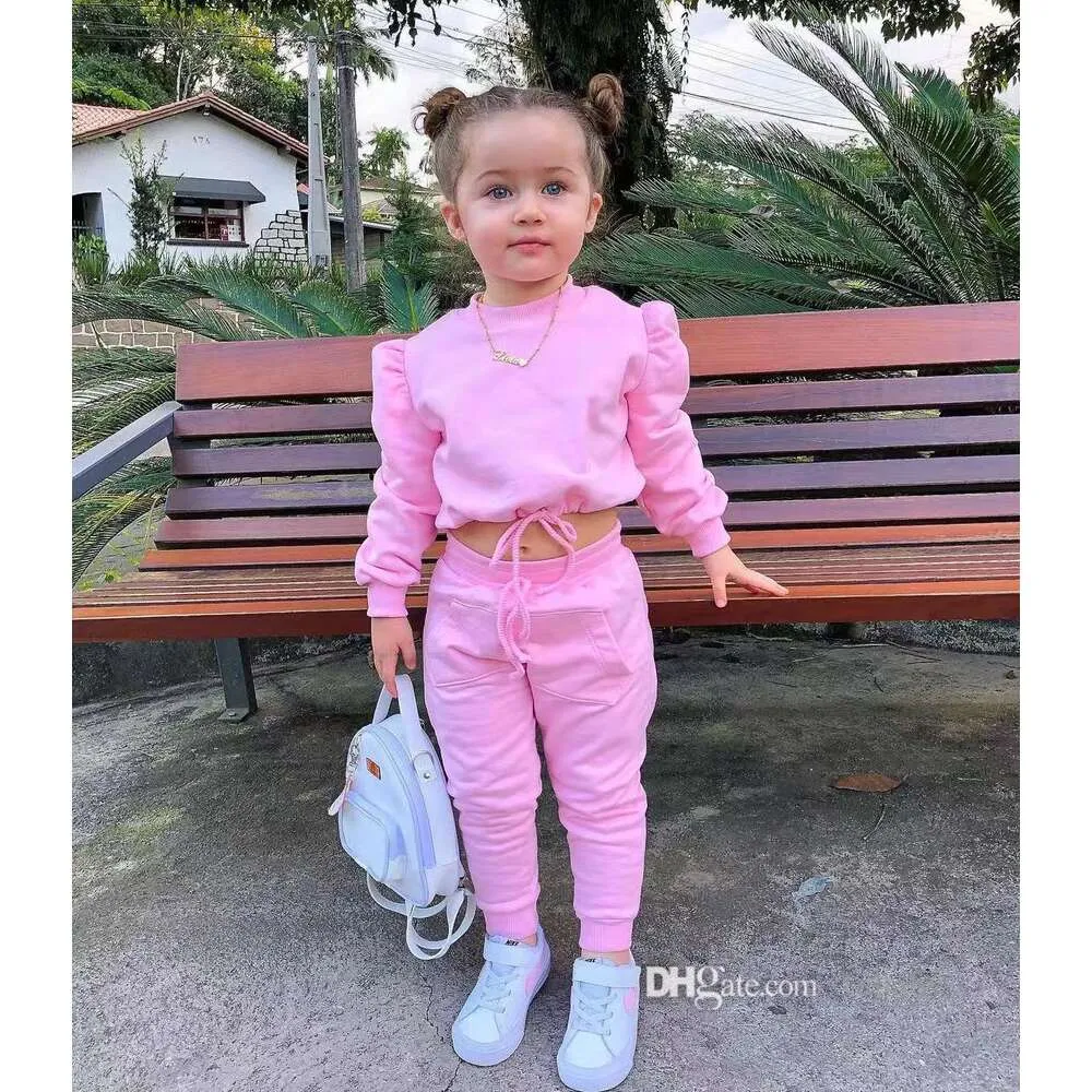 Soild Kids Tracksuit Girl من قطعتين مجموعة ملابس رياضية طويلة الأكمام محصول أعلى هوديي وسروالات مجموعات 2023