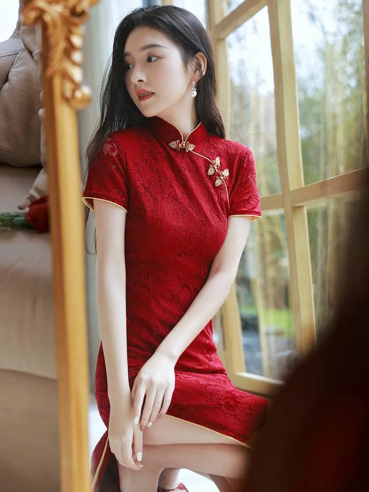 Etniska kläder Elegant Summer Bourgogne Lace Cheongsam Toast Bride Engagement Retro Qipao Chinese Style Wedding Dress for Women Party