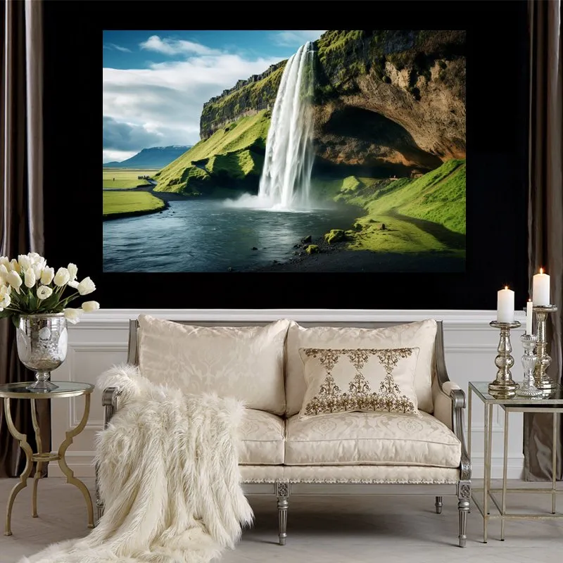 Skriv ut affisch Island Seljalandsfoss Falls Landscape Realistic Photo Landscape Bild på duk för Hotel Hall Wall Decor