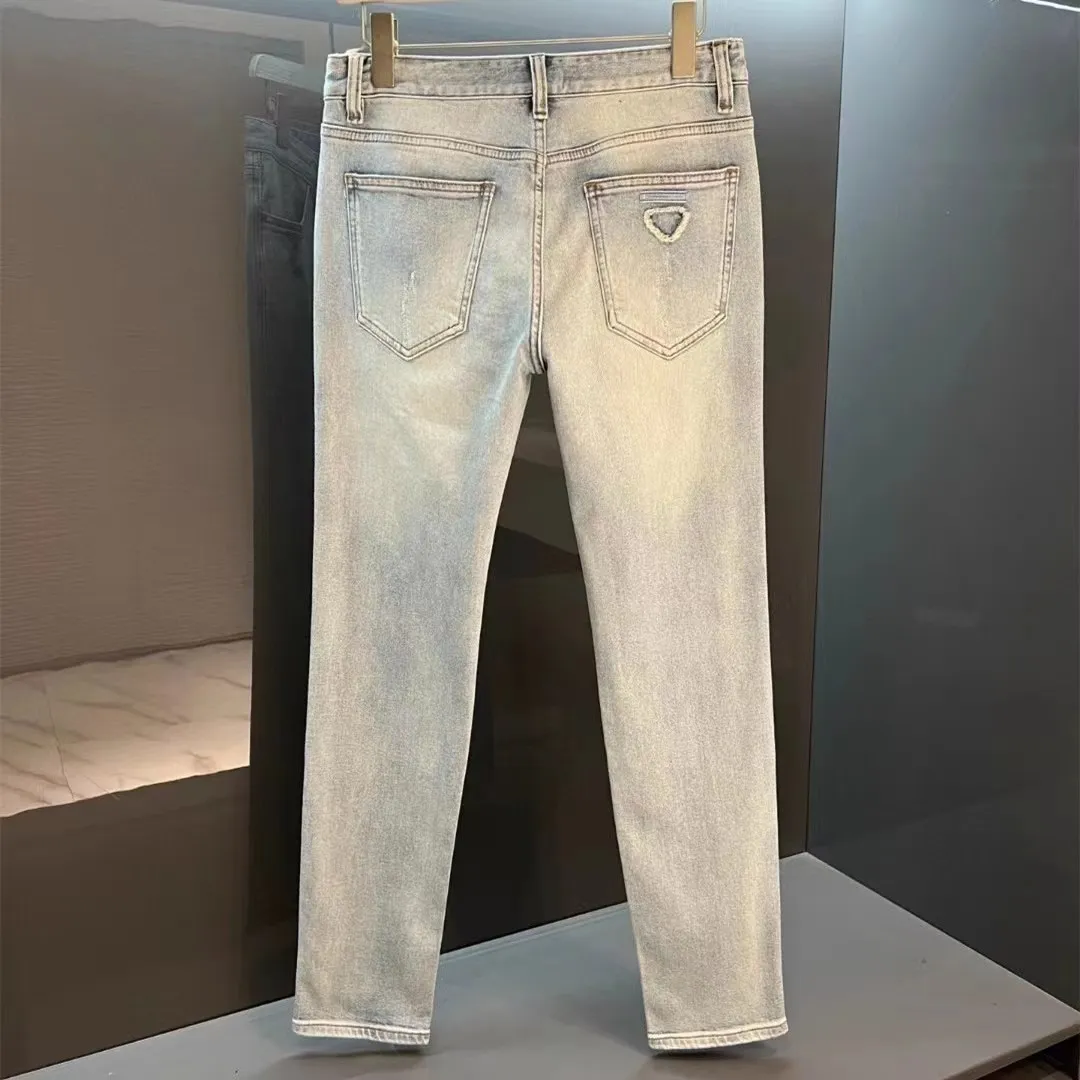 Designer clássico jeans masculino lavado azul skinny jeans pés finos casual high-end calças retas perna estiramento