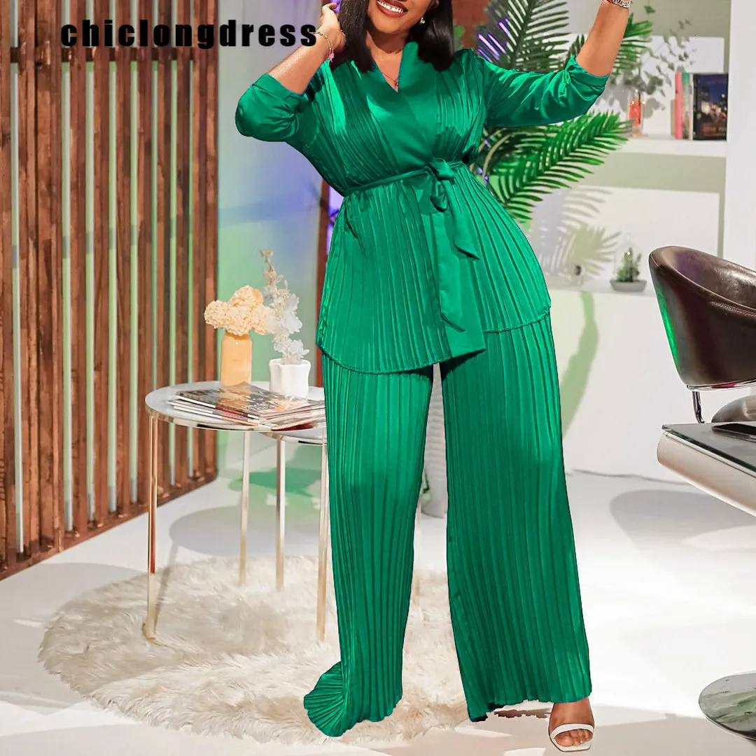 Womens Two Piece Pants Summer Fashion Loose Pleated Set African 