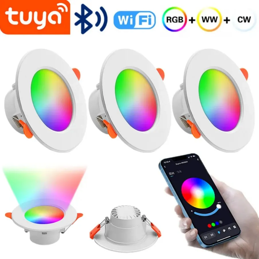 Tuya Bluetooth uyumlu renkli nokta LED Tavan Lambası Gömülü Yuvarlak Hafif Akıllı Ev Armatürü RGB Dimmable Downlight 110V 220V