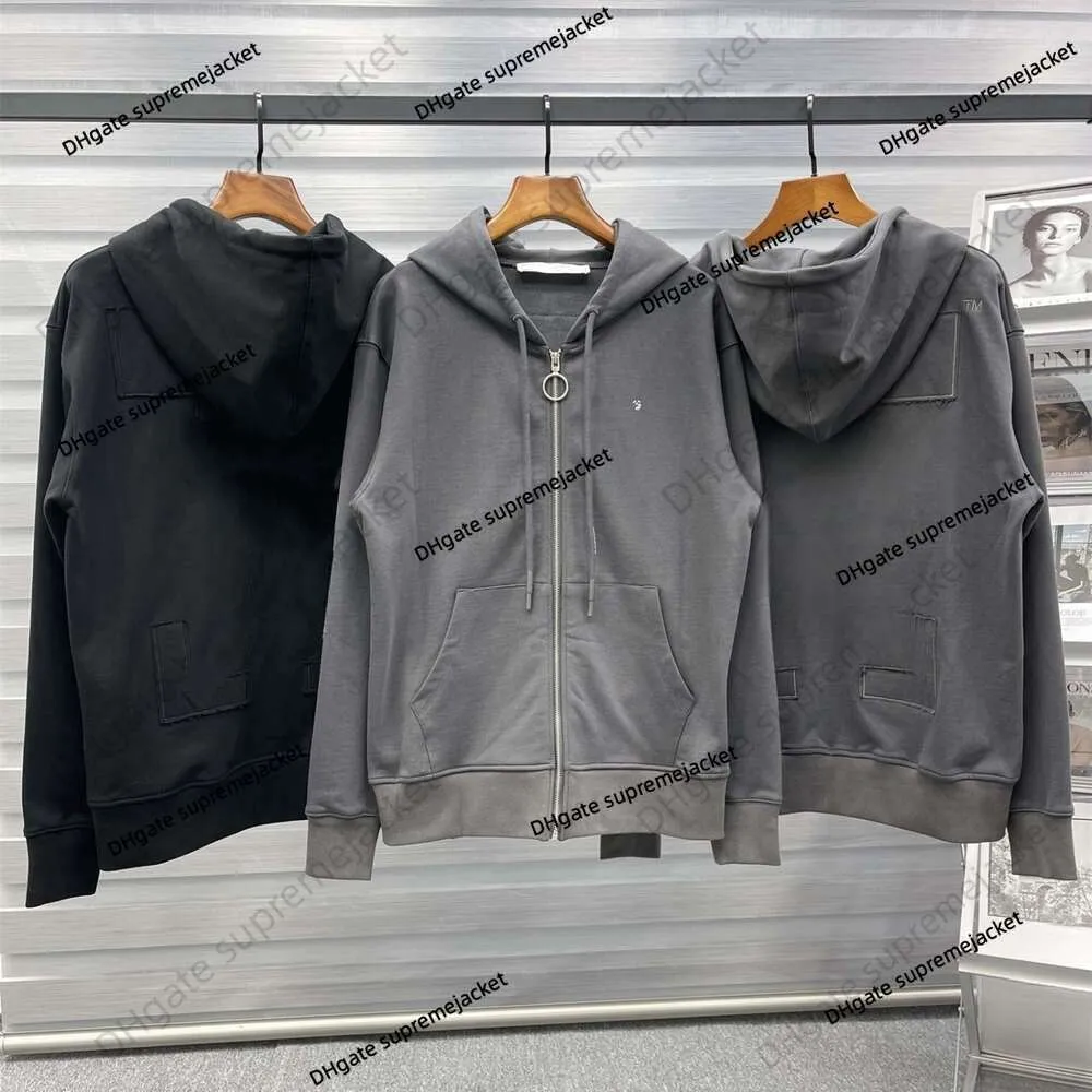 Hoge versie designerjas Off Brand wit vest geborduurd patch-sweatshirt voor mannen en vrouwen Losse jas met capuchon van puur katoen met ritssluiting