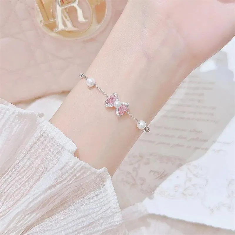 Link pulseiras moda rosa bowknot pérola pulseira para mulheres coreano elegante delicada borboleta feminina na moda jóias meninas presentes de festa