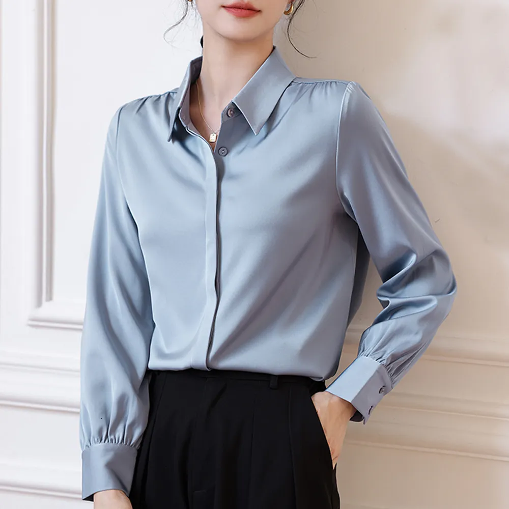 Women's Blouses Shirts Simplicity Hidden Buttons Solid Satin Silk Shirts For Women Classic Office All-Match Blue Apricot White Blouse Tops Women 230923