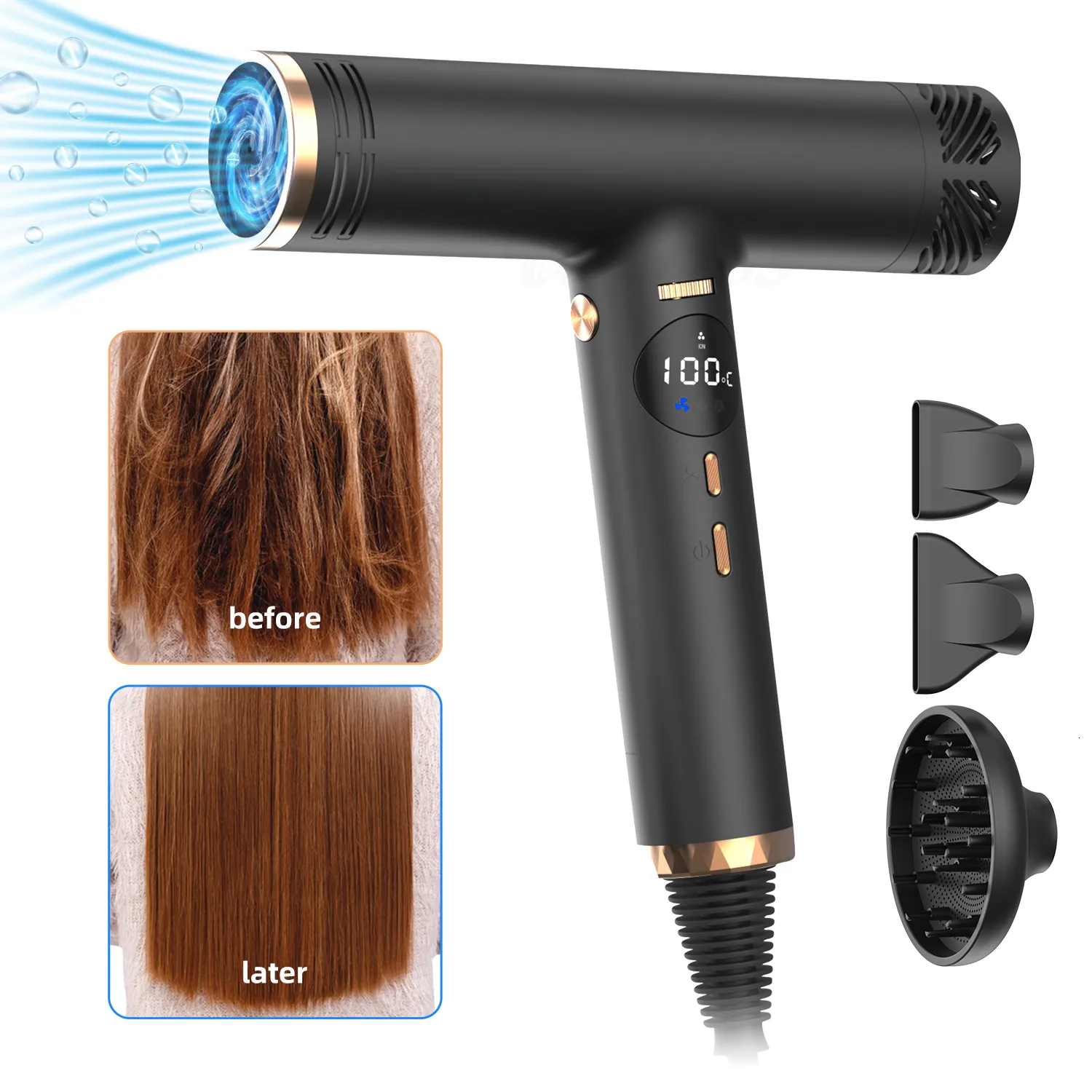 Secadores de cabelo 110000RPM Secador de alta velocidade Motor sem escova Forte vento sopro iônico LED tela secador de cabelo baixo ruído 230922