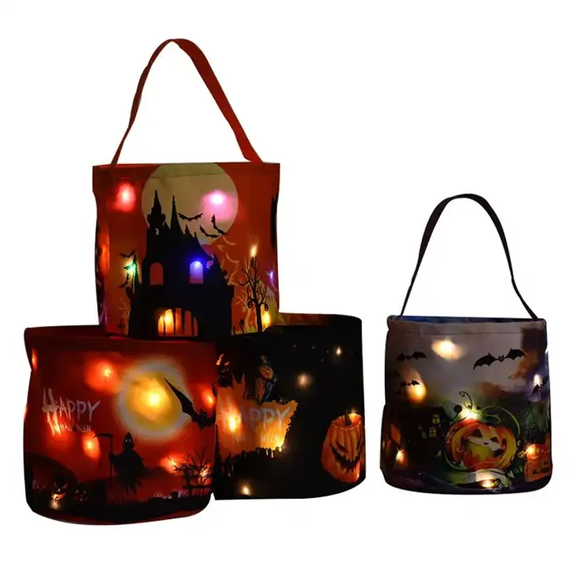 LED Light Halloween Candy Bucket Basket Trick Treat Bags Reusable Tote Bag Pumpkin Candy Gift Baskets With Handle Carrying For Kids Party Supplies Favors