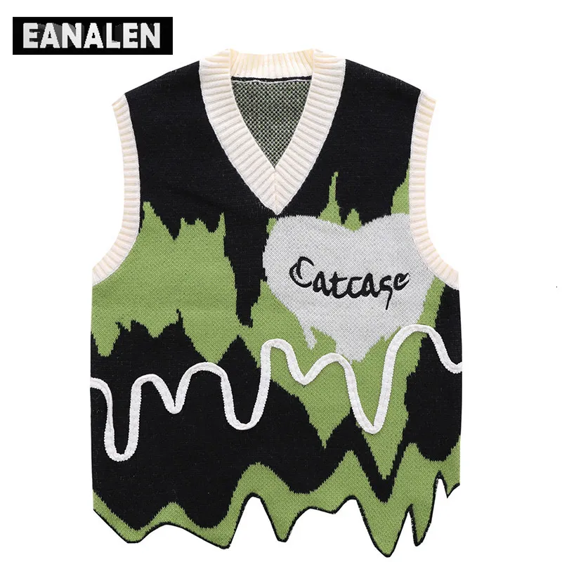 Men's Sweaters Harajuku Black Green Colorblock Jumper Sweater Vest Women's y2k Retro Oversized Knitted Ugly Sleeveless Sweater Men's Aesthetic 230922