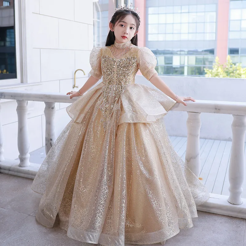 slim fit dress slacks Gold Sequin Tiered Princess Dress with Sweetheart Illusion Neckline for Girls | Gold / 3-4 Years (110cm)