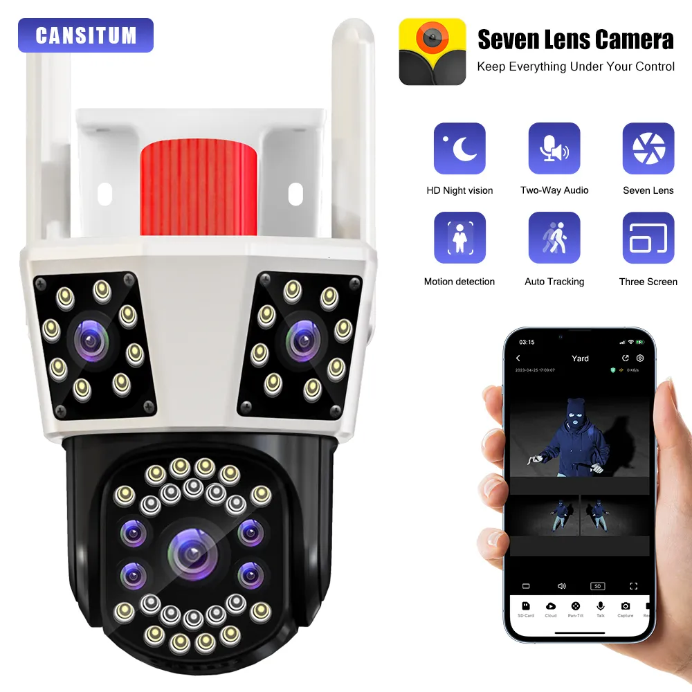 IP-camera's CANSITUM drie schermen WIFI HD Buitencamera PTZ 8X zoom Drie lensschermen CCTV Videobeveiliging 230922