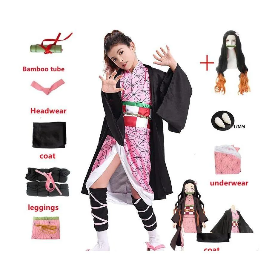Roupas dos desenhos animados Kamado Nezuko Cosplay Costume Demon Slayer Uniforme Roupas Kimono Wig Props Set Halloween para crianças Adt Drop Entregar Dh8Px