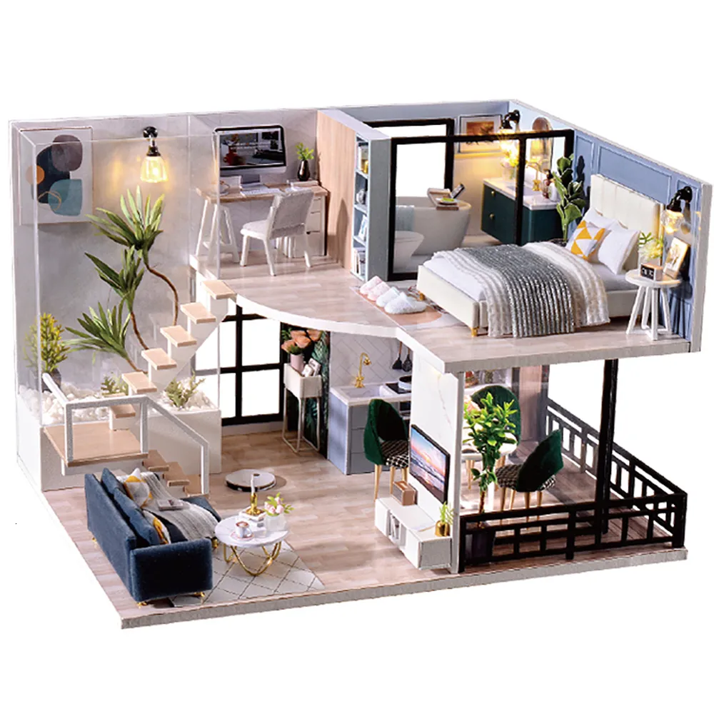 Doll House Accessories Cutebee DIY DollHouse Kit Wooden Houses Miniature Dollhouse Furniture With LED Toys For Children Birthday Gift 230922