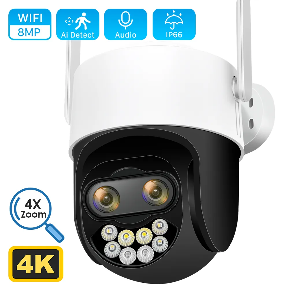 Cámaras IP 4K 8MP 2.8 + 12 mm Lente dual PTZ Cámara WiFi 8X Zoom digital Color Visión nocturna Detección humana CCTV Video Vigilancia 230922
