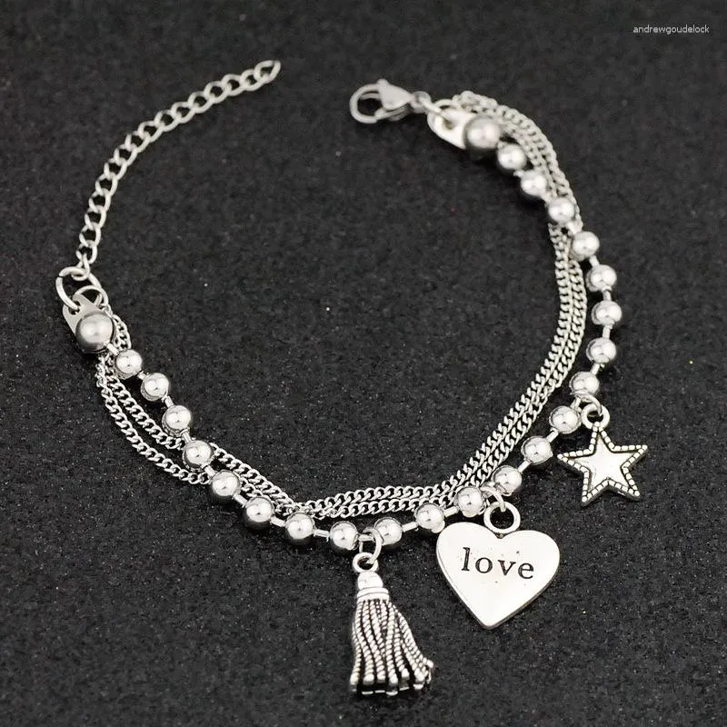 Braccialetti con ciondoli Moda femminile Nastro in acciaio inossidabile Colore a tre strati Bracciale a catena con cuore d'amore Gioielli regalo