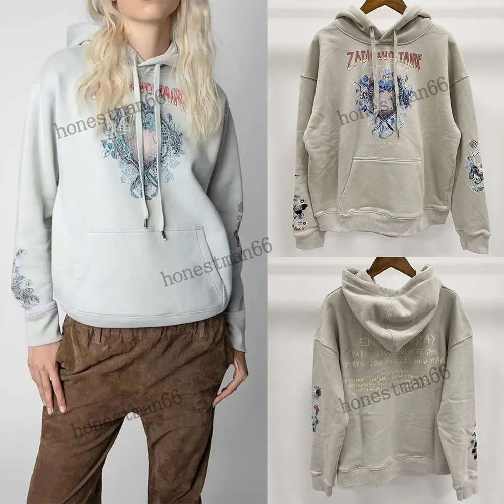 23AW Zadig Voltaire Mulheres Designer Moletom Novo ZV Algodão Hoodie Amor Crânio Flor Tinta Branca Impressão Digital Fleece Mulheres Sportshirt Moda Top