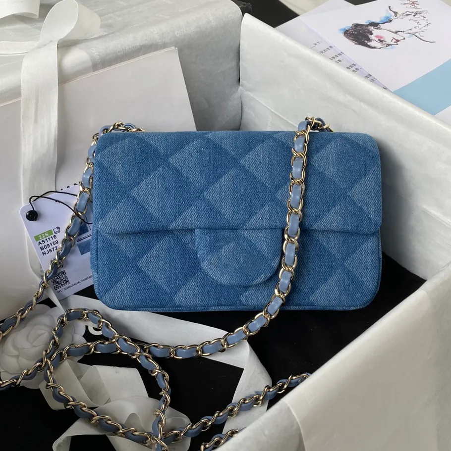 Projektantka damska CF25CM Denim Crossbody Bag Classic Clamshell Bag damskie ramię ramię w kratę luksusowy designerski portfel dla damskiej torba łańcucha