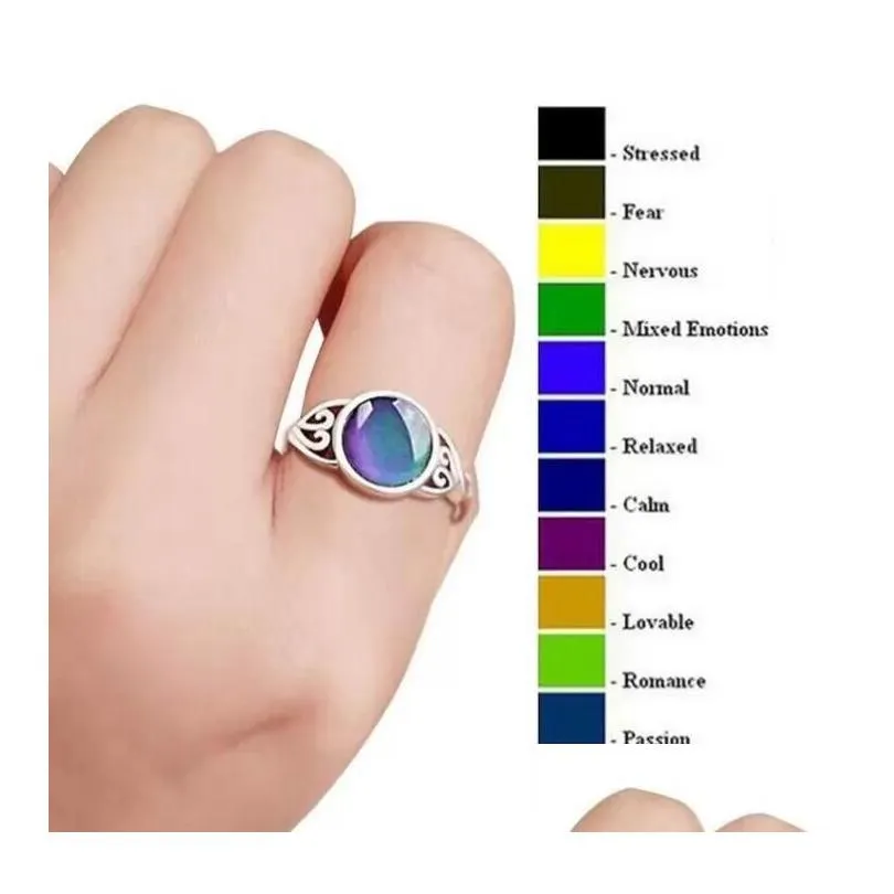 Bant Yüzükleri Vintage Sier Ring 925 Sterling Yuvarlak Kristal Sıcaklığa Duyarlı Renk Değiştiren Ruh Hali Parmak Damlası Dağıtım Takı DHF7D