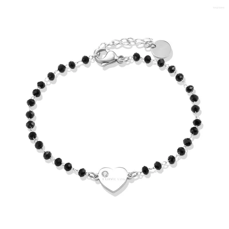 Bracelets de charme Je t'aime coeur pour femmes perles de cristal noir chaîne en acier inoxydable bracelet bijoux de fiançailles 2023