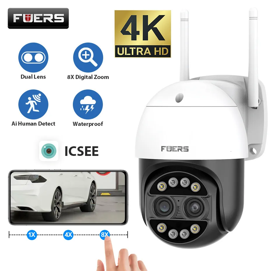 IP-Kameras FUERS 8MP 4K 8x Hybrid-Zoom-Außenkamera WIFI PTZ Menschliche Erkennung Nachtsicht Auto Tracking Sicherheit CCTV-Kamera 230922