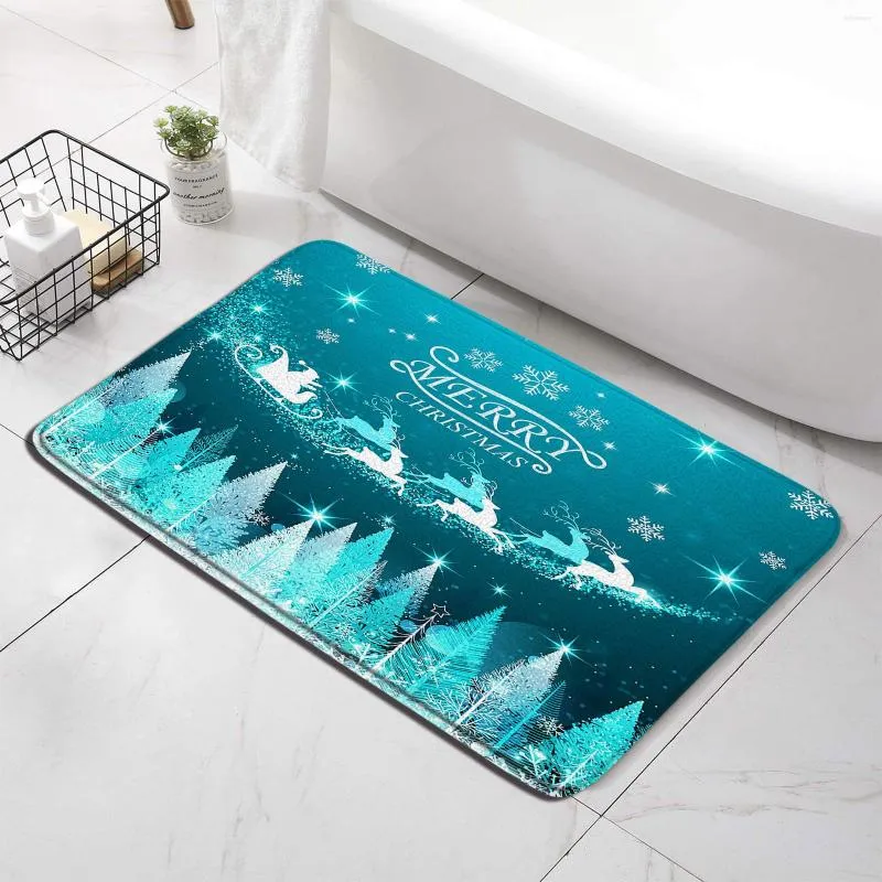 Bath Mats Christmas Mat Blue Green Bathroom Rug Cartoon Pine Tree Reindeer Print Non-slip Accessory Bathtub Carpet Floor Doormat