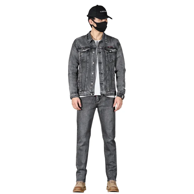 Mens Denim Suit Slim Fit Grey Jeans Jacket Pants Set, Casual