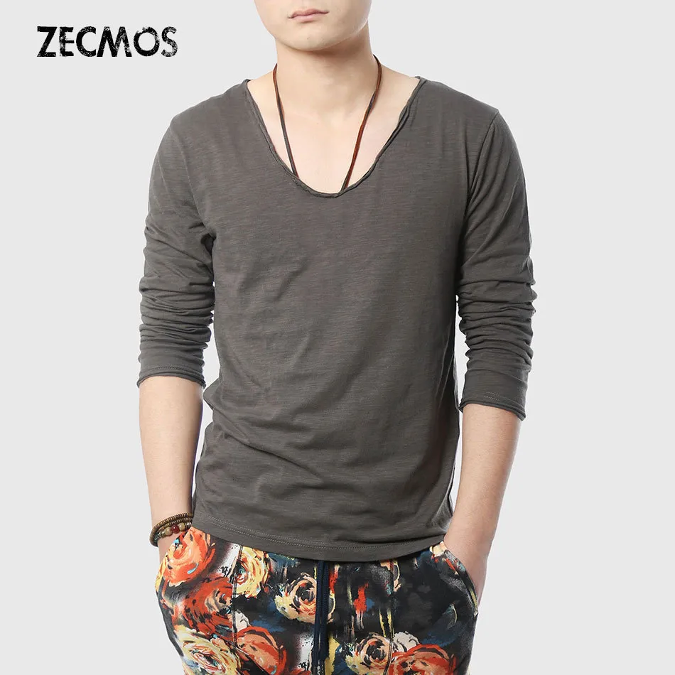 メンズTシャツZECMOS MENロングスリーブ男性VネックTシャツfor Vneck Tee Tシャツスリムフィットトップティースワッグワイド230923