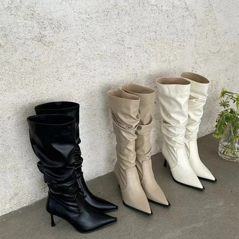 Die über 589 schläfrigen Knie hohen Frauen speichern Zeh Schwarz Beige weiße Lederstiefel Damen Winterschuhe plus Größe 230923