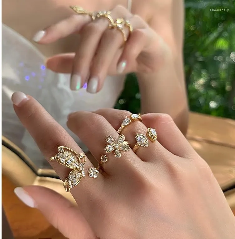 Wedding Rings Women's Sterling Stackable Ring Cute Butterfly Flowers Opening Resizable Zircon Party Set For Female