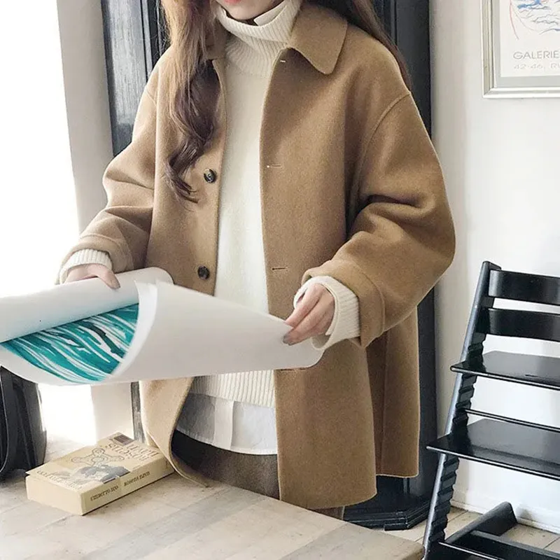 Kvinnors ullblandningar XPQBB Autumn Winter Woolen Coat Women Korean Street Single Breasted Outerwear Female Fashion Turndown Collar Long Overcoat 230922