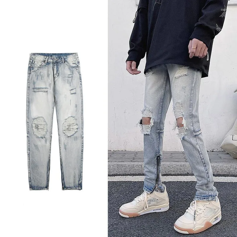 Jeans pour hommes TFETTERS Marque Ripped pour hommes 2023 Washed Piecing Mid Rise Slim Fit Coréen Streetwear Pantalon d'été