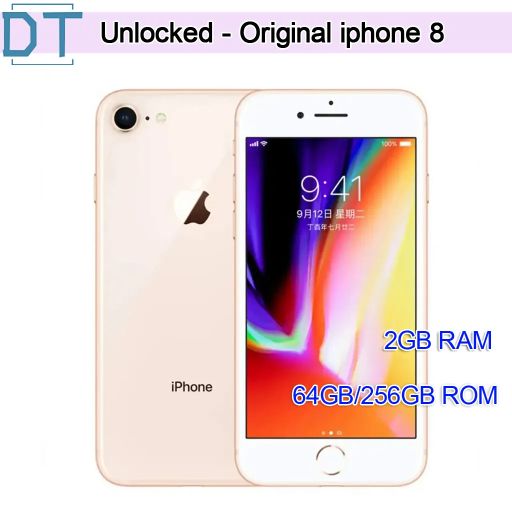 리퍼브 오리지널 Apple iPhone 8 4.7 인치 지문 iOS A11 Hexa Core 2GB RAM 64/256GB ROM 12MP 잠금 해제 된 4G LTE 휴대 전화 7pcs, 100% 완전 기능